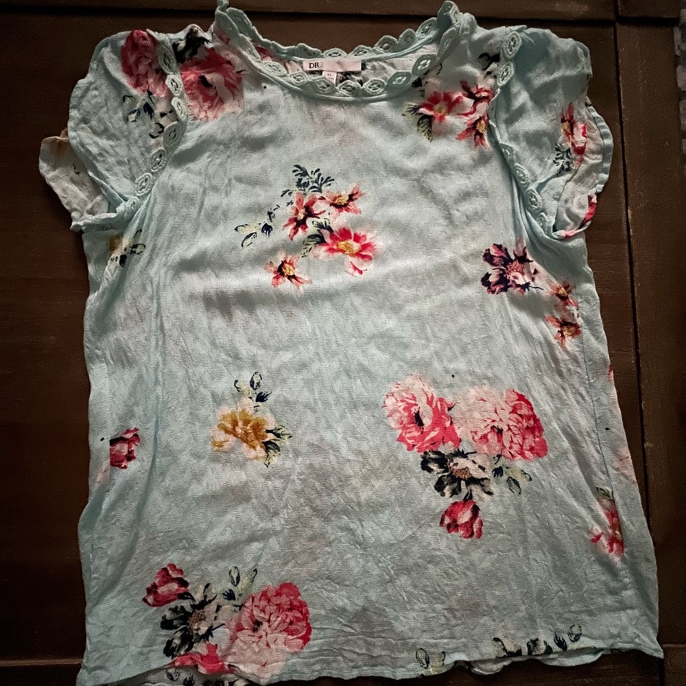 DR2 Floral Women's Top - Light Blue with Pink and Yellow Accents